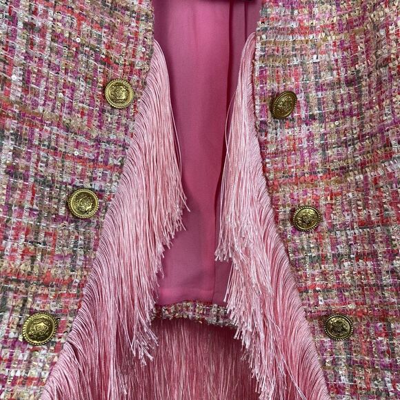 Fashion Nova Pink Tweed Fringe Jacket Boho Festival Barbie Western Preppy sz M - Picture 3 of 10